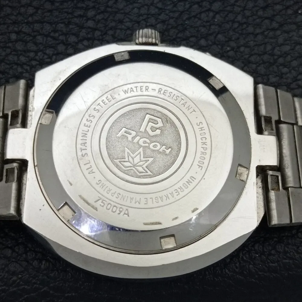 Vintage 1980 Ricoh Automatic Mens Silver Watch W/daydate & Red accents